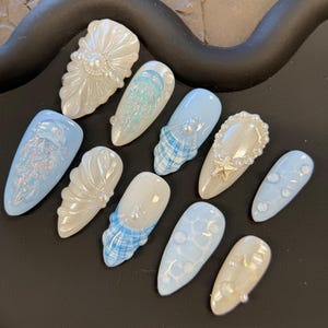 Unhas postiças inspiradas em cauda de sereia e água-viva 3D | Unhas para eventos de férias de verão | JasmineNailArt | Unhas postiças feitas à mão