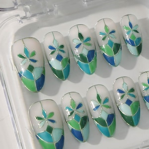 Stained Glass Floral Nails – Green Windowpane Design on Milky White Base, Elegant Handmade Press-On Nails for Everyday or Special Occasions
