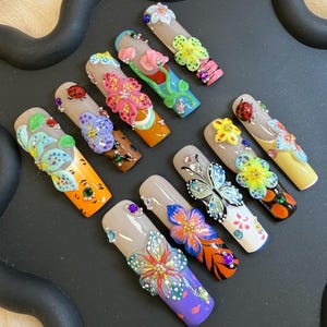 Luxury*Enchanted Garden Press-On Nails – 3D Floral Design with Red Ladybug and Crystal Butterfly Nails| Dreamy Nails|Custom Fake/False Nails