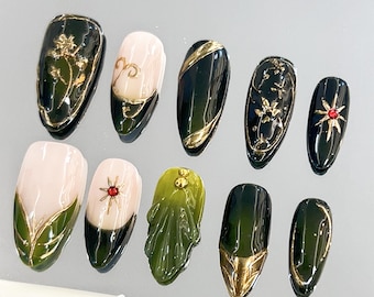 Hand-Painted 3D Gel Press-On Nails: Green Y2k Almond Metal