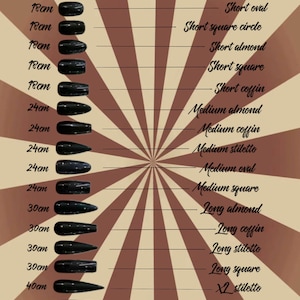 May include: A chart showing different nail shapes and lengths. The chart is on a brown background with white stripes. The nail shapes include oval, square, almond, coffin, stiletto, and more. The lengths are measured in centimeters.