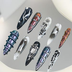 Free Style Metallic Long Stiletto Nails | Gothic Metallic Red and Black Nail Art |Dark Glamour Gothic Fake Nails | Y2K, Goth, Gothic Nails