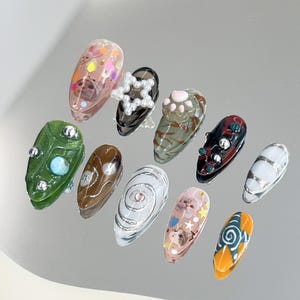 Hand-Painted Press On Nails|Party Press On Nails| Flakes For Nails| Cute Nails |Cat Lover Nails|Metallic Silver Nail Ar| Y2k Nails