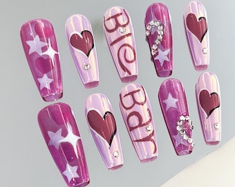 Hand-painted press on nails |party press on nails | pink press on nails |cute star&heart nails |long coffin nails| y2k nails