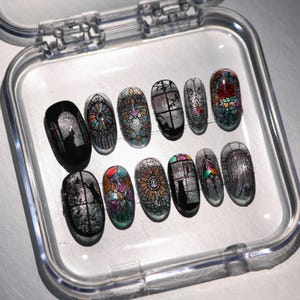 Mysterious Stained Glass Nails | Retro Shadow Art Cat Nails | Custom Hand-painted Nails | Unique Design Nails | Cute Nails | Y2k Nails