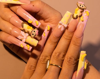 Kawaii Monkey Press On Nails | 3D Banana & Bow Nail Art | Cute Cartoon Animal Nails | Pastel Pink Handmade Press Ons | Playful Fun Design