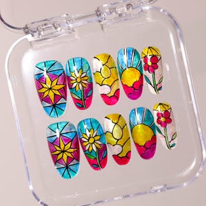 Hand Painted Colorful Glass Press On Nails |Beautiful Flower Windows Design Nails | Elegant and Trendy Nails Designs | Unique Nails