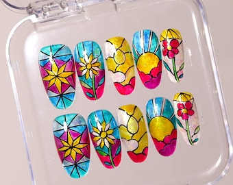 Hand Painted Colorful Glass Press On Nails |Beautiful Flower Windows Design Nails | Elegant and Trendy Nails Designs | Unique Nails