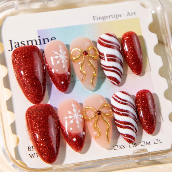 EVER NAIL　lumiere　クリスマス Christmas Red Glitter Press on Nails – Candy Cane & Snowflake Nail