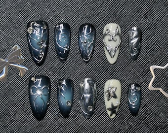 Free Style Silver Metal Press On Nails | Ombre Blue Nails | Gothic Nails |Y2k Nails | Party Nails