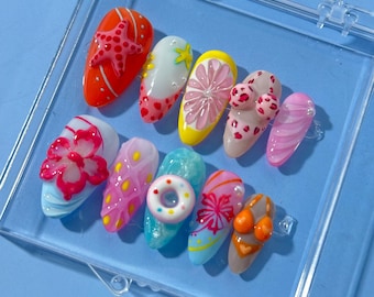 Ocean-Inspired 3D Press-On Nails with Handmade Starfish, Fruit, Floats & Bikini | Medium Almond Beach Nails for Summer Vacation, Tropical