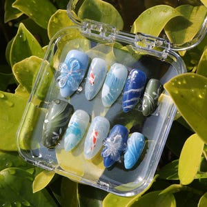 Hand-Painted Ocean-Inspired Koi Fish Press On Nail | Custom Artistic Nail Set | Japanese Inspired Design | Reusable, Long-Lasting False Nail