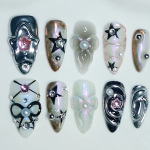 Custom Free Style Silver Metal Cool Hand Painted Medium Almond Press On Nails| Gothic Nails| Bow Press On Nails| Star Nails | Y2k Nails.