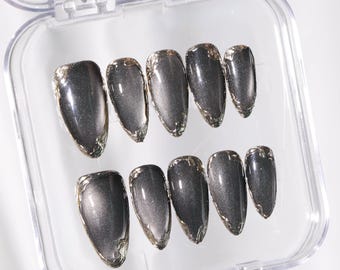 Luminous Glow Chrome Cat Eye Dark Silver Grey Press On Nails | Custom Hand-Painted Almond Nails | Reusable Fake Nails ｜Y2k Nails