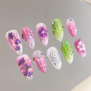 Colorful Hand-Painted 3D Floral Medium Almond Press-On Nails, Handmade Spring False Nails for Weddings, Vacations, Birthdays, Proms