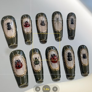 3D Ladybug Press On Nails | Insect Gallery Nails | Dark Nature Nail Art | Hand Painted Statement Nails
