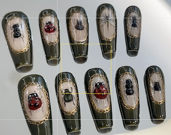 3D Ladybug Press On Nails | Insect Gallery Nails | Dark Nature Nail Art | Hand Painted Statement Nails