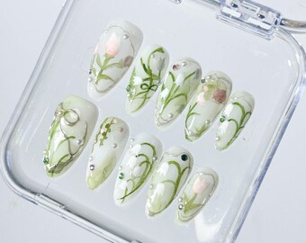 Spring bellflowers’ oil painting style vintage press-on nails | custom hand-painted nails | wedding nails | watercolor nails | Gifts for her