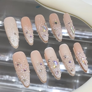Custom Hand Painted  Elegant Long Stiletto  Press On Nails |Bling Rhinestone Press On Nails |Wedding Nails |Gift For Her