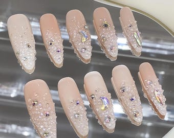 Uñas postizas elegantes pintadas a mano personalizadas con forma de stiletto largo / Uñas postizas con diamantes de imitación brillantes / Uñas para boda / Regalo para ella