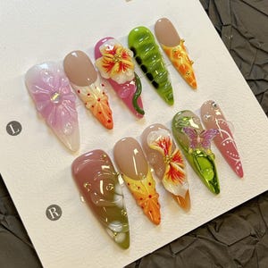 Trendy 3D Flower Long Almond Press On Nails | 3D Luminous Butterfly Nails | Secret Garden Vibes for BirthdaysHolidays, and Daily Wear