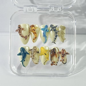 Custom Hand Painted Japanese Deep Sea Shark Press-on Nails | Ocean-Inspired Lover Nails Art | Shark & Ocean Theme Nails | Unique Summer Nail