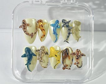 Custom Hand Painted Japanese Deep Sea Shark Press-on Nails | Ocean-Inspired Lover Nails Art | Shark & Ocean Theme Nails | Unique Summer Nail