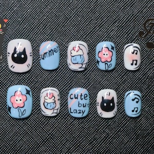Hand-Painted Press On Nails|Party Press On Nails| Flakes For Nails| Cute Music Cat Nails |Cat Lover Nails|Short Square Nails| Y2k Nails