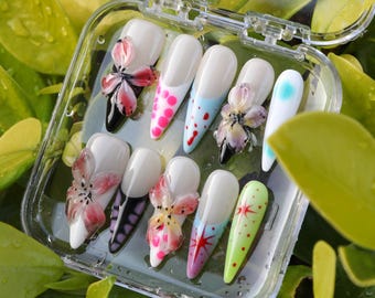 Luxury Custom Tropical 3D Flower Press On Nails| Unique Summer Design Art  Nails.| Vacation Handmade Nails| Long Almond Nails