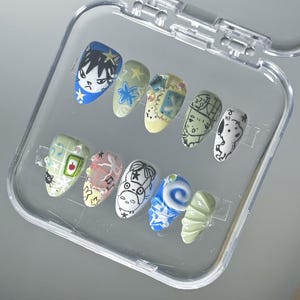 Hand painted Custom Free Style Graffiti Medium Almond Press On Nails| Fake/ False Nails For Birthday,Dances, Concerts, Cosplays |Unique Nail