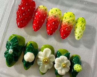 Press On Nail Giltrose Gothic Bloom with Gold Accent | 3D Floral Fake Nail in Long Stiletto | Handmade Nail Art for Party, Holiday, Birthday