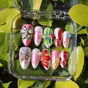 Hand Painted 3d Flowers Medium Almond Press On Nails |3D Butterfly Nails, Dreamy Nails for Birthday, Holiday, Event, Party, Spring Nails