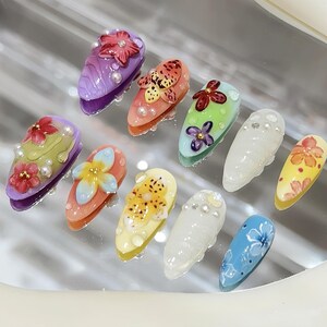3D Dry Orchard Garden Press On Nails | Almond Nails |Handpainted Nails | Floral Nails |Colourful Design Nails Art| Fanatical Summer  Nails