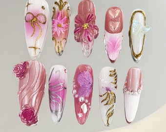 Hand-Painted Enchanted Garden Long Almond Floral Press On Nails, Fairy Tale-Inspired Nail Art, Perfect for Birthdays and Holidays