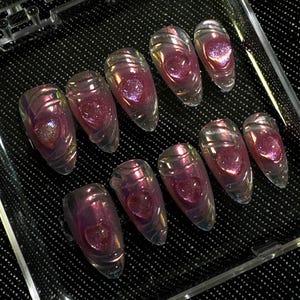 Rosa Herz 3D Gel Mandel Nägel mit Aurora Pulver, Handgefertigte Benutzerdefinierte Kawaii Nägel für die Geburtstagsfeier, Fairy Core Kunstnägel
