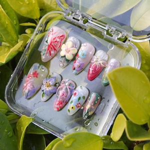 Luxury*Tropical  Garden Press-On Nails – 3D Floral Design with Colorful Painted  Butterfly Nails| Dreamy Nails|Custom Fake/False Nails