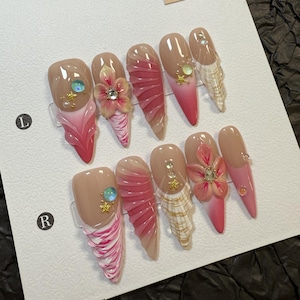 Summer Press On Nails with 3D Pink Flowers and Tropical Ombre Design | Fake Nails for Vacation or Beach Holiday, Gift for Her