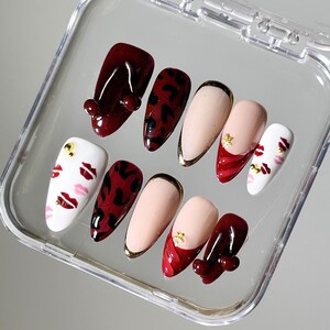 Handmade Press On Nails | Red 3D Cherry Press On Nails | Unique Lip Print Design Nails Art | Crazy Colors For Summer | Reusable Gel Nails