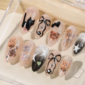 Hand-Painted Press On Nails|Party Press On Nails| Flakes For Nails| Cute Nails |Cat Lover Nails|Almond Nails| Y2k Nails#001
