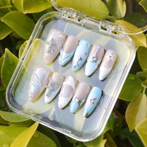 Hand-painted  White Stars Sliver Chrome Cute Press on Nails | Party press on nails | Ombre Light Blue French press on nails | Metal nails