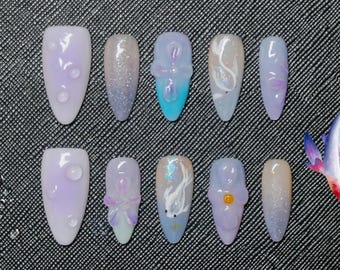Ocean Style Press-On Nägel | Ocean Liebe inspiriert Maniküre | Gefälschte Nägel / 3D Gel x Delfin Art in Nails |Y2k Nägel