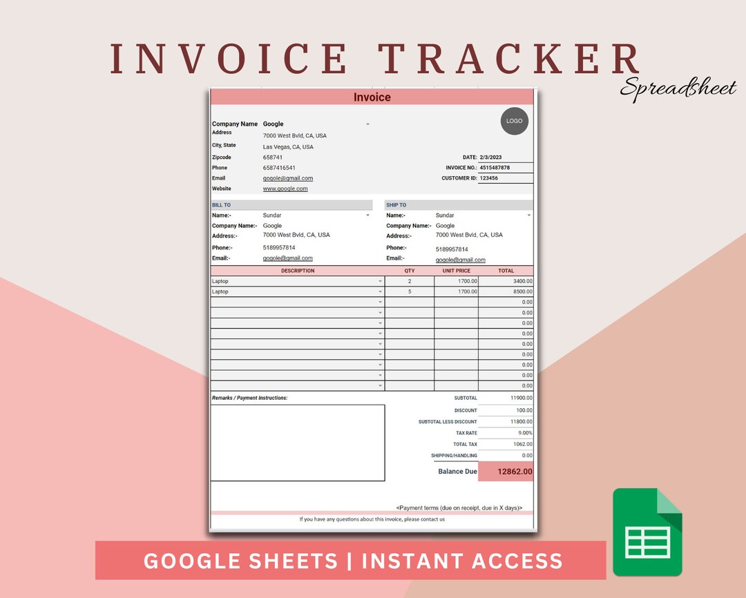 Invoice Tracker Google Sheets Invoice Tracker Spreadsheet Customizable ...