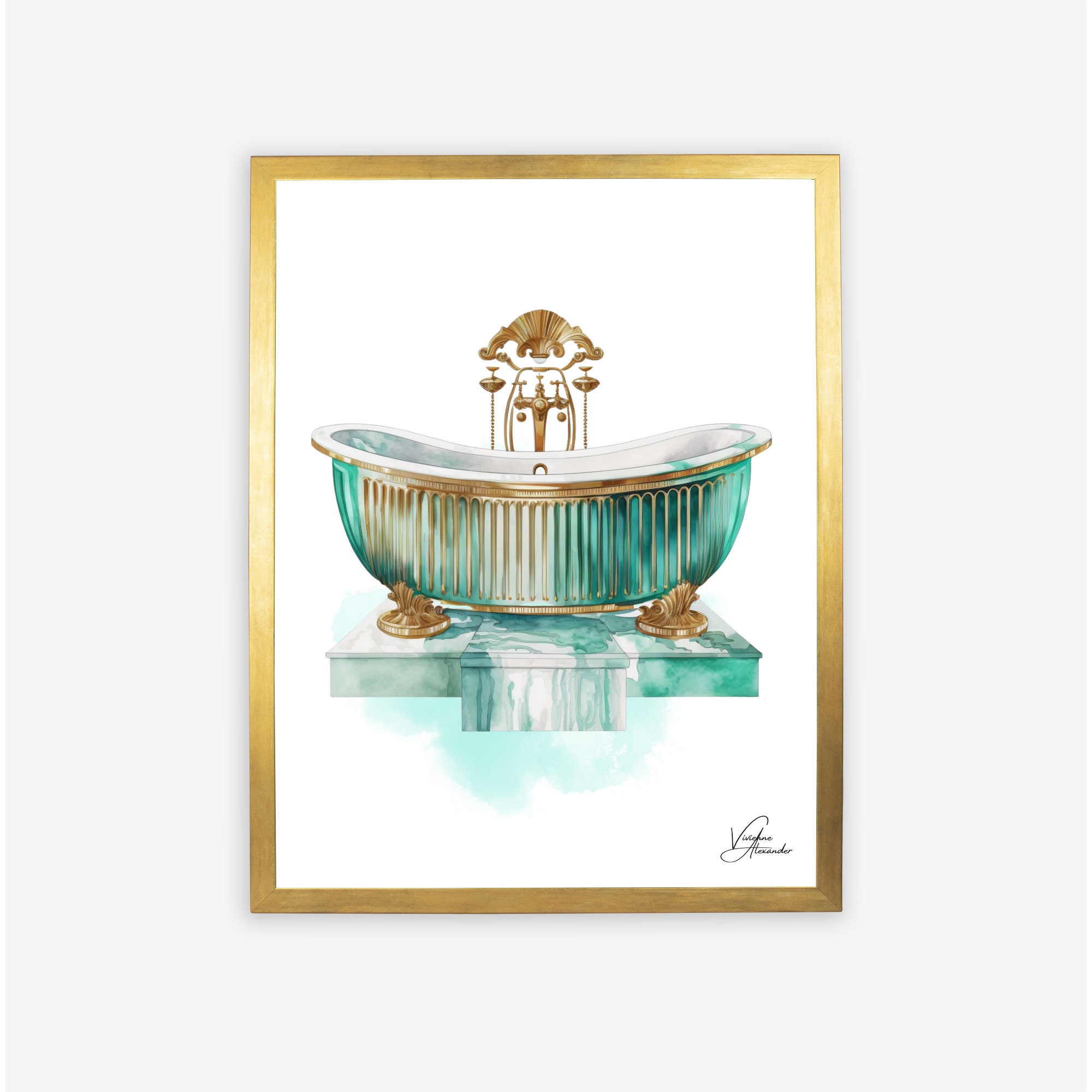 Set of 3 FRAMED Teal and Gold Bathroom Art Bathtub Wall Art Etsy