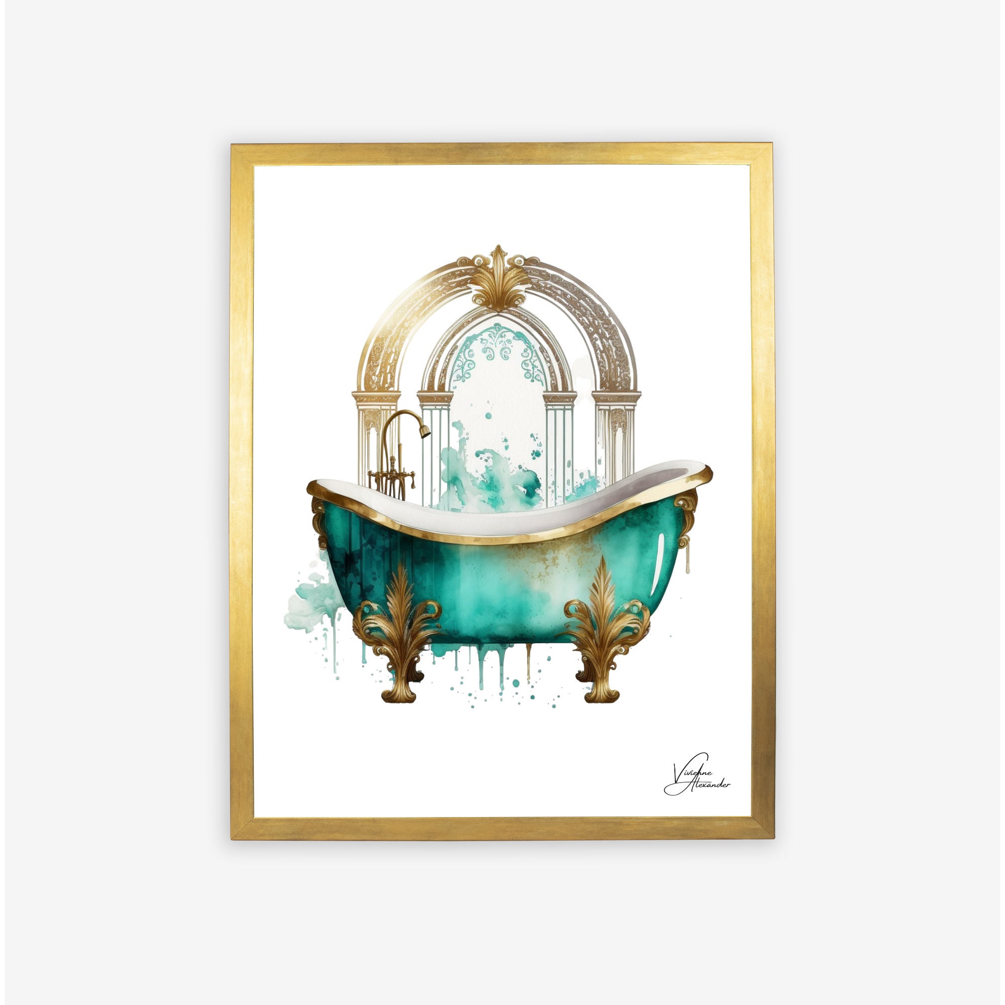 Set of 3 FRAMED Teal and Gold Bathroom Art Bathtub Wall Art Etsy