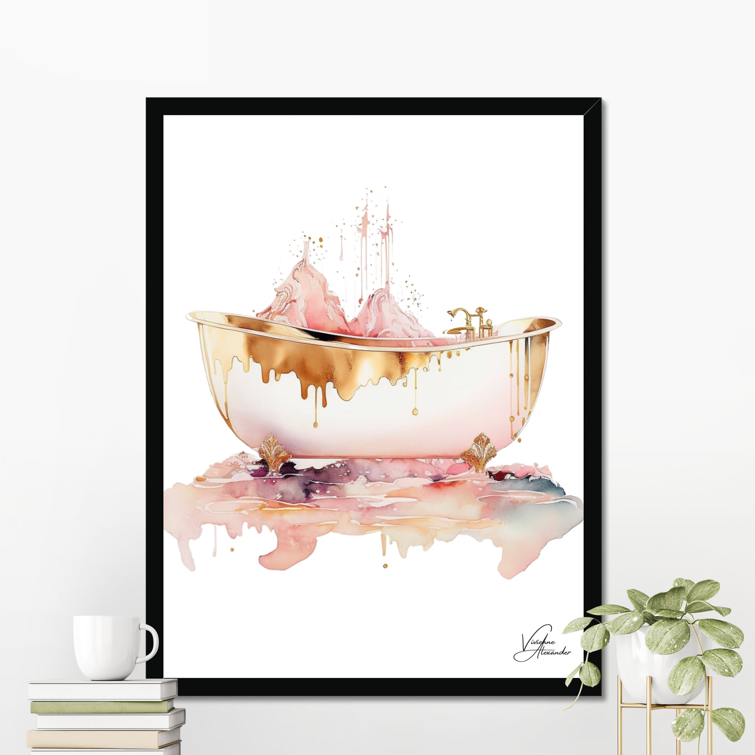 Signed WATERCOLOR ART PRINTS Framed Pink and Gold Bathroom Etsy Australia