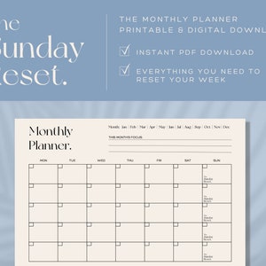 The Monthly Planner by &#39;The Sunday Reset&#39; // Monthly Planner Printable // Monthly Notes Pages // Undated Minimalist Monthly Planner