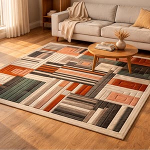 Bauhaus Geometric Hand Tufted Wool Rug | Terracotta Grey Patchwork Area Rug | Handmade Rectangular Rug | Living Room Bedroom
