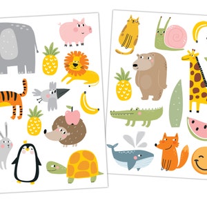 May include: Two sheets of stickers featuring a variety of colorful animals, fruits, and other objects. The animals include a tiger, elephant, lion, giraffe, penguin, turtle, fox, bear, hedgehog, rabbit, cat, snail, and crocodile. The fruits include pineapples, bananas, apples, and watermelon.