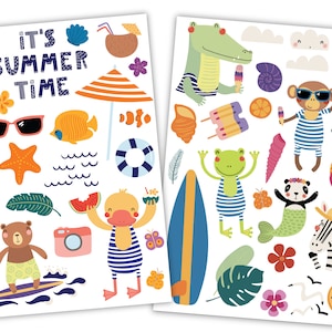 May include: Two sheets of colorful stickers featuring summer-themed illustrations. The first sheet includes a pineapple, a bear on a surfboard, a duck, a watermelon, a camera, sunglasses, a starfish, a fish, a palm tree, an umbrella, and the text "It's Summer Time". The second sheet includes a crocodile, a monkey, a frog, a panda, a zebra, a surfboard, a seashell, a watermelon, flip-flops, and a sun.