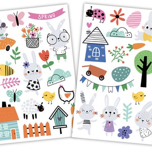 May include: Two sheets of stickers featuring spring-themed illustrations. The first sheet includes a bunny in sunglasses driving a carrot, a bunny with glasses, a bee, a flower pot, a birdhouse, a fence, a house, a cloud, a butterfly, a chick, a sheep, and a sun. The second sheet includes a bunny with a striped shirt, a bunny with a purple dress, a ladybug, a house, a tree, a snail, a bee, a chick, a flower, a cloud, a carrot, and a wagon.